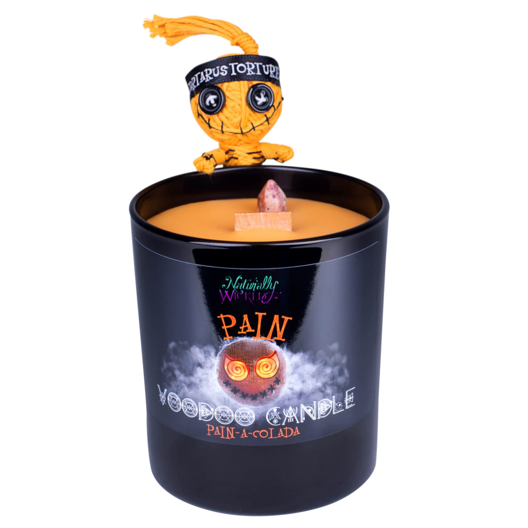 Naturally Wicked Voodoo Schmerz Kerze | Inc Voodoo-Puppe & Kristallstab | Vegane Kristallzauberkerze
