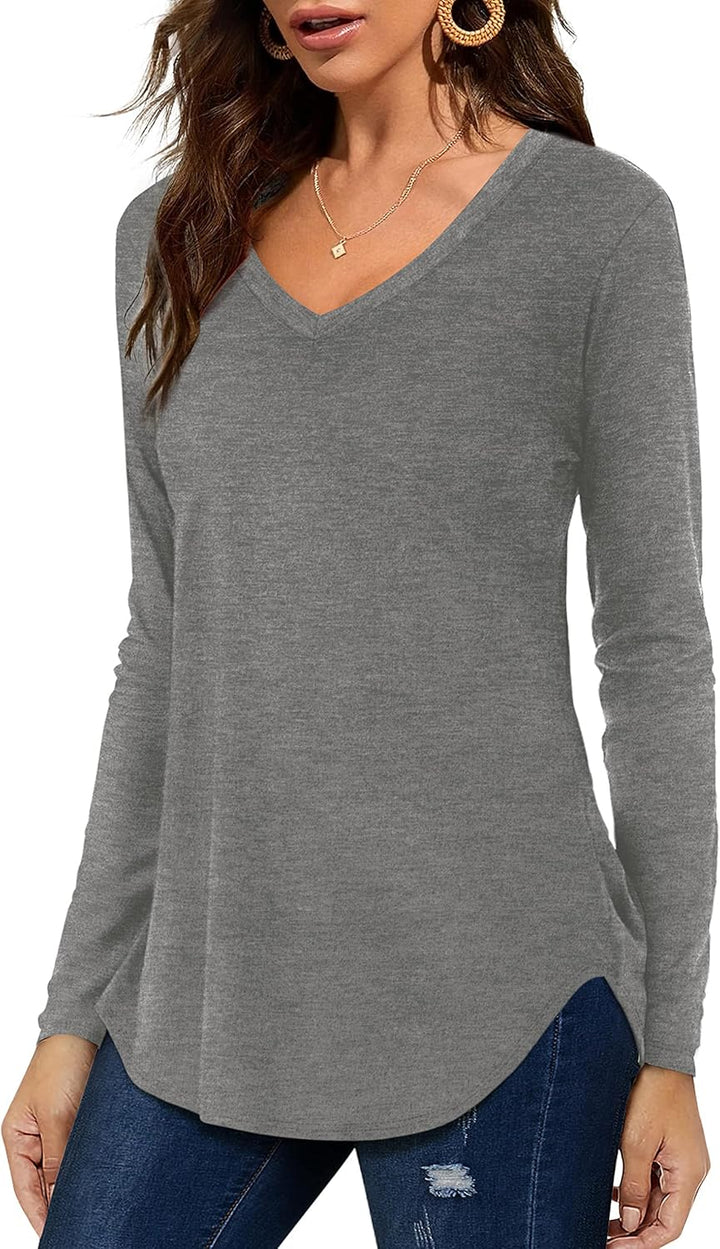 Florboom Tunika Damen Langarm/Kurzarm V Ausschnitt Oberteil Shirts Basic Casual Longshirt M A-grau,