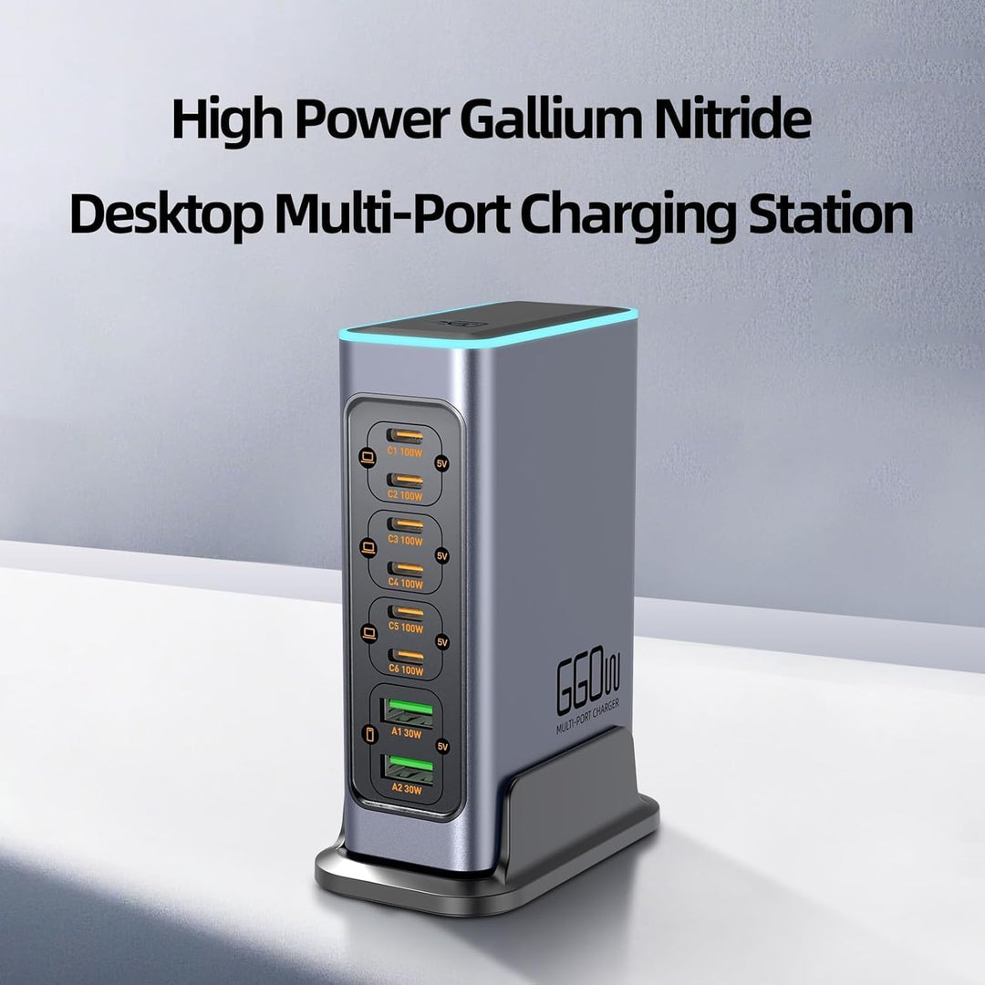 660W USB C Ladegerät 8-Port Schnelles GaN Ladegerät 100W/30W USB C Ladestation mit bunten Lichtern M