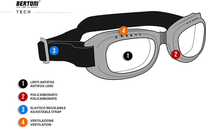 Bertoni Motorradbrille mit stossfesten Gläsern, beschlagfrei, verstellbar, elastisch, AF112 (schwarz