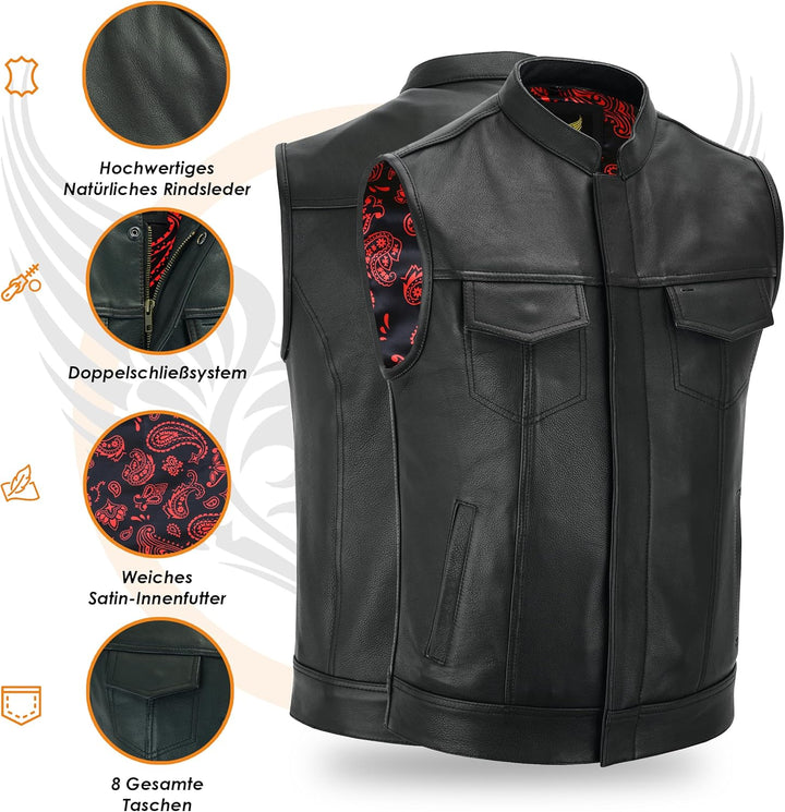 Leatherick Groove Club Herren-Motorradweste aus schwarzem Leder – Bikerweste 46 Schwarz (schwarze Fa