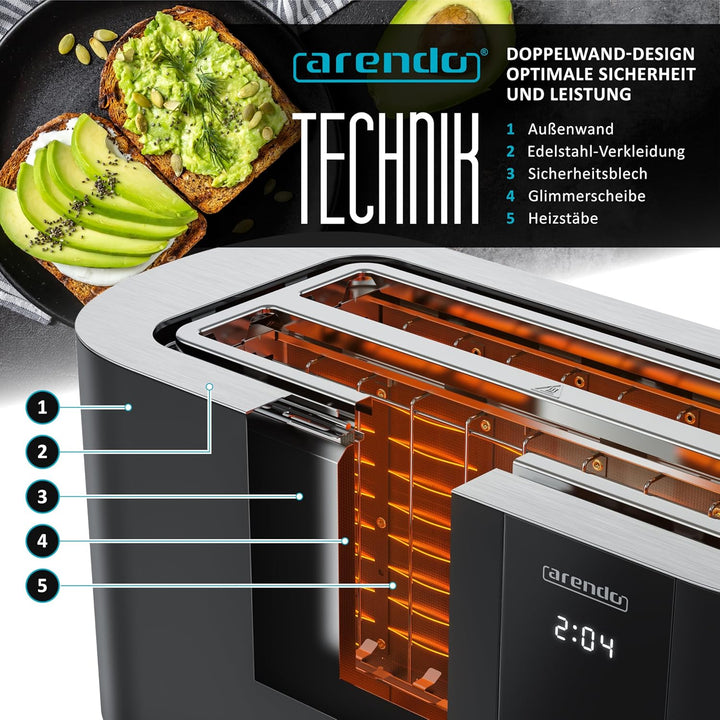 Arendo - Edelstahl Toaster 4 Scheiben Langschlitz - Touchscreen – Doppelwandgehäuse – 1500 W – Integ