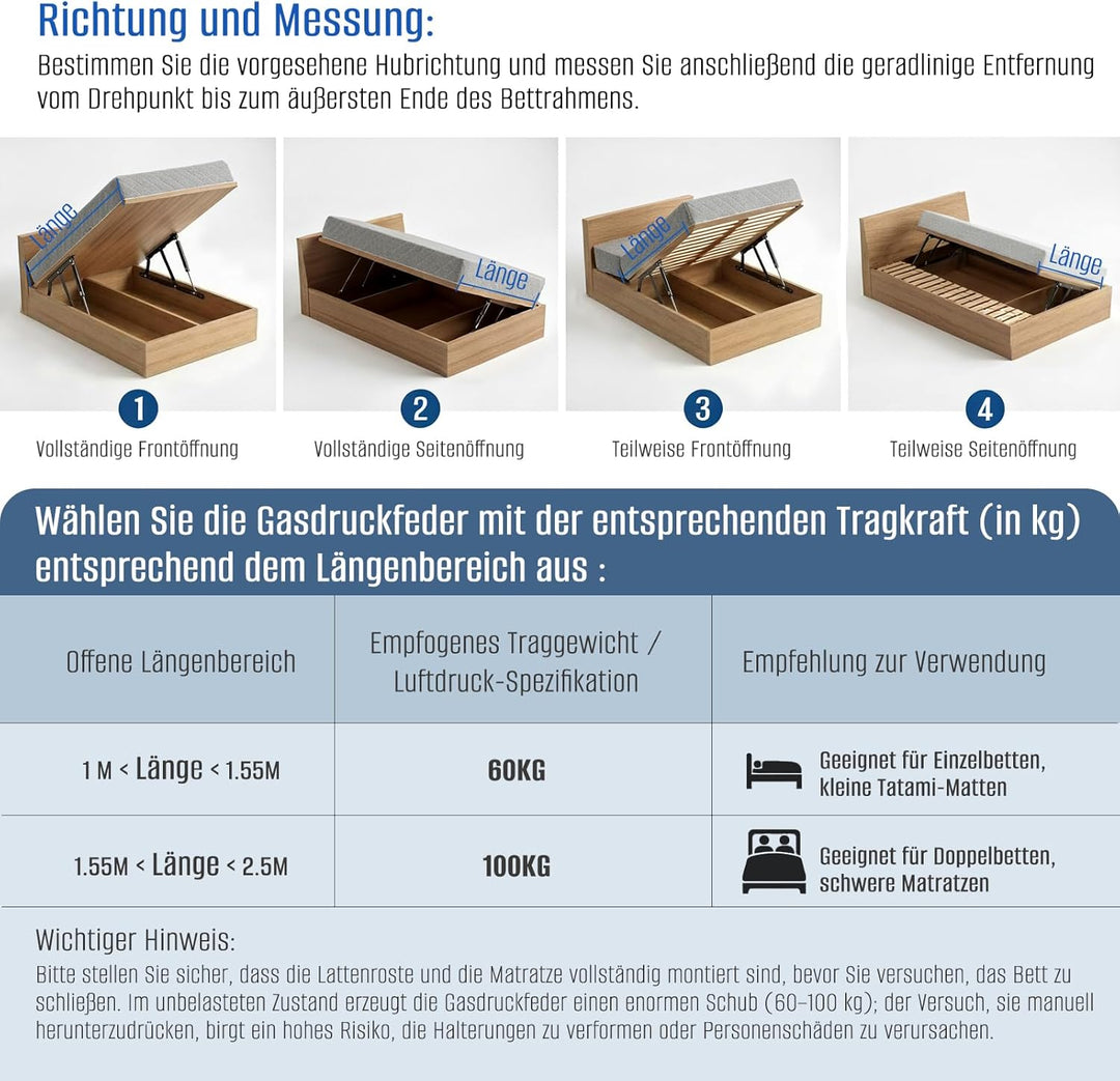 Pneumatische Bett Hebemechanismus 2 Stück Gasdruckfeder für schwere Bettkästen 100 kg Ladekapazität