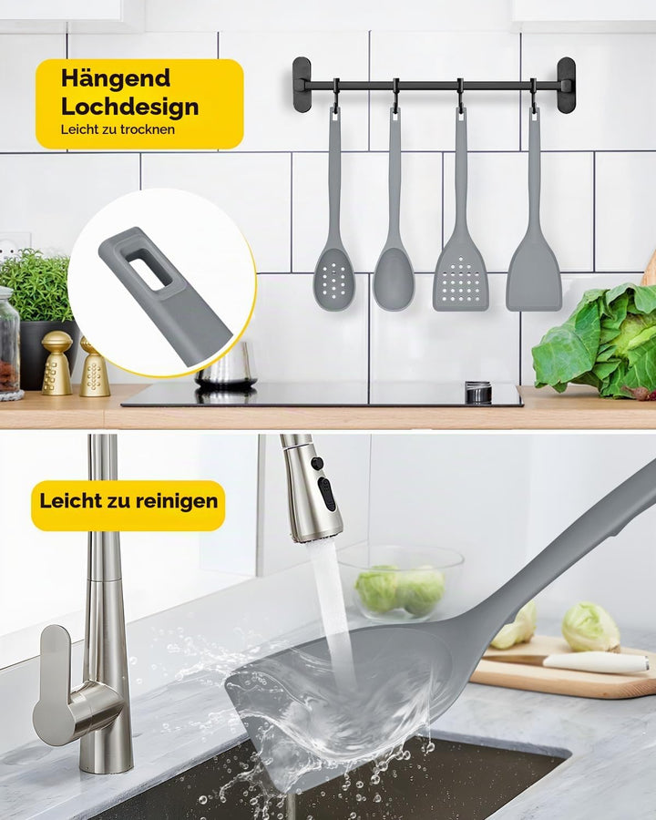 Packung von 4 Silikon Kochgeräte Set, Non-Stick-Festspalten und hitzebeständige Schlitzlöffel mit Rü