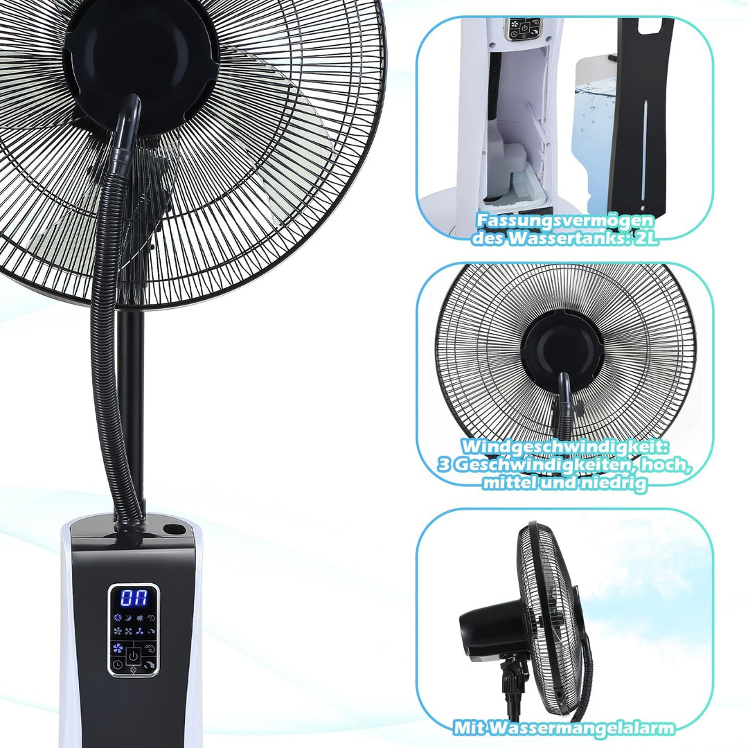 Eulenke Standventilator mit Wasser, Ventilator mit Nebelfunktion, 75W Sprühnebel Ventilator mit Fern