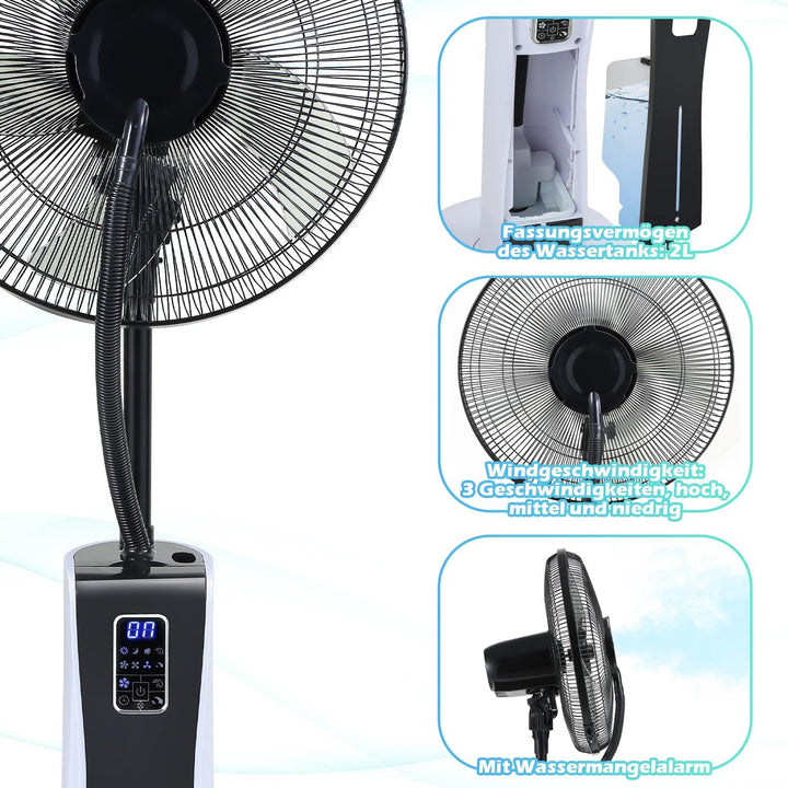 Eulenke Standventilator mit Wasser, Ventilator mit Nebelfunktion, 75W Sprühnebel Ventilator mit Fern