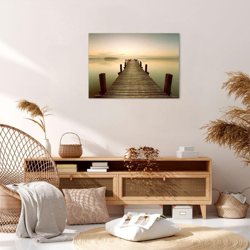 ARTTOR Bilder auf Leinwand Brücke See Leinwandbild mit Rahmen 70x50cm Wandbilder Dekoration Wohnzimm