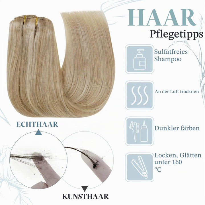 RUNATURE Clip in Extensions Echthaar Aschblond mit Goldblond 45cm 120g Echthaar Clip Extensions Remy