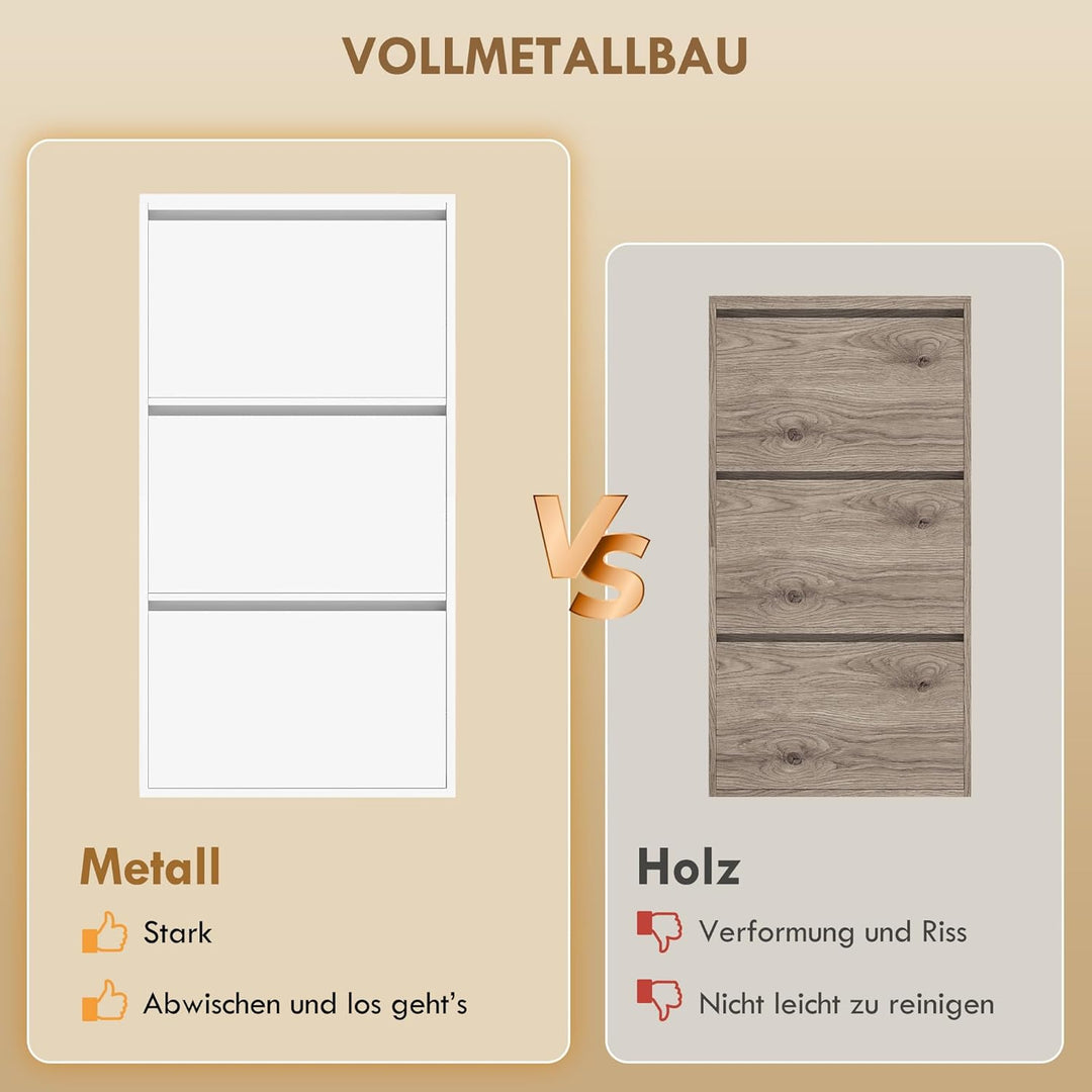 HOMCOM Schuhschrank Metall mit 3 Klappen Schuhkipper Schmal Schuhkommode Schuhregal Schuhablage Wand