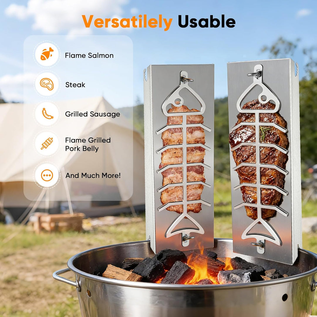 Flammlachsbrett Edelstahl 2er Set für Feuerschale & Kugelgrill – 56cm Langes Flammlachsbretter mit 1