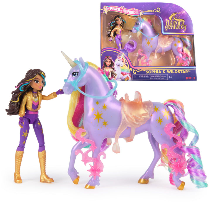 Unicorn Academy Set - Sophia und Einhorn Wildstar mit echter Mähne und Schweif sowie Bürste, ca. 12