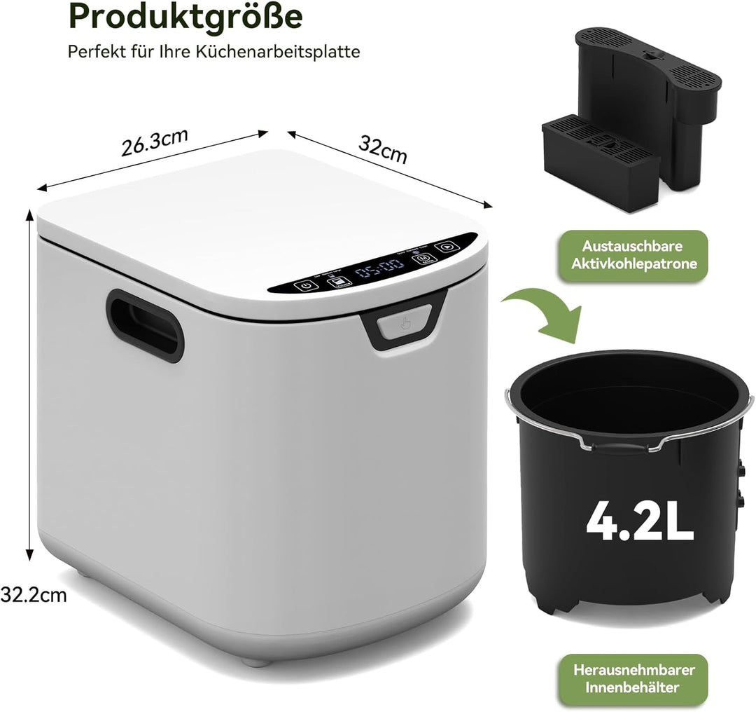 Fullwatt Elektrischer Komposter 4.2L Biomülleimer Küche Elektro-Schnellkomposter mit 2 Kohlenstofffi
