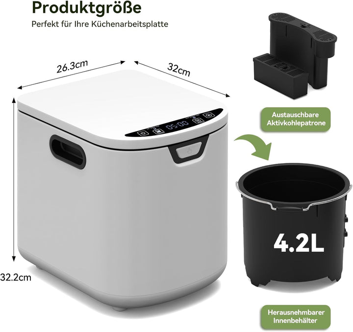 Fullwatt Elektrischer Komposter 4.2L Biomülleimer Küche Elektro-Schnellkomposter mit 2 Kohlenstofffi