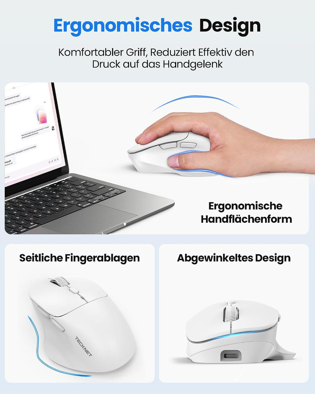 TECKNET Bluetooth Maus Wiederaufladbar, Ergonomische Daumenauflage | Tri-Modi: BT5.0/3.0 + 2.4G, 480