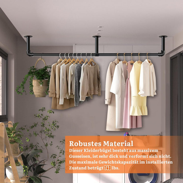 Industrierohr Kleiderstangen, 180cm Kleiderständer Wandmontage, Platzsparend Robuster Abnehmbare Ret