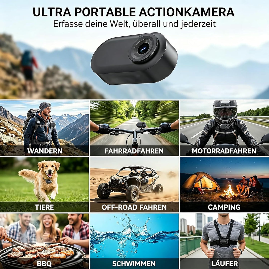 Mini Action Cam 1080P,Action Camera,Tragbare Kamera mit 360° Drehbarem Clip und Magnetclip,Mini K-Am