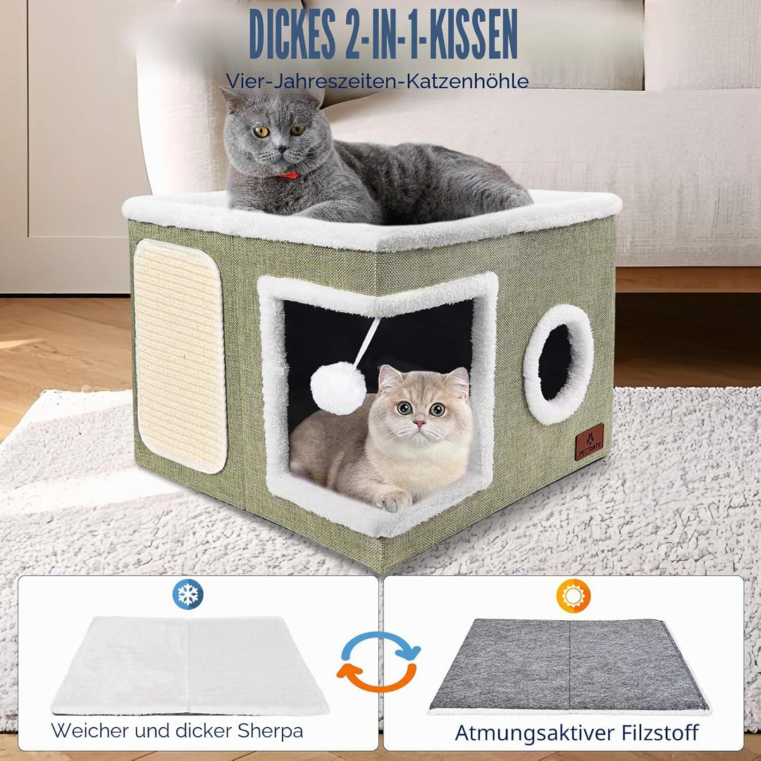 Katzenbetten für Indoor-Katzen, grosses Katzenhöhlenbett mit Kratzunterlage und flauschigem Ball, fa