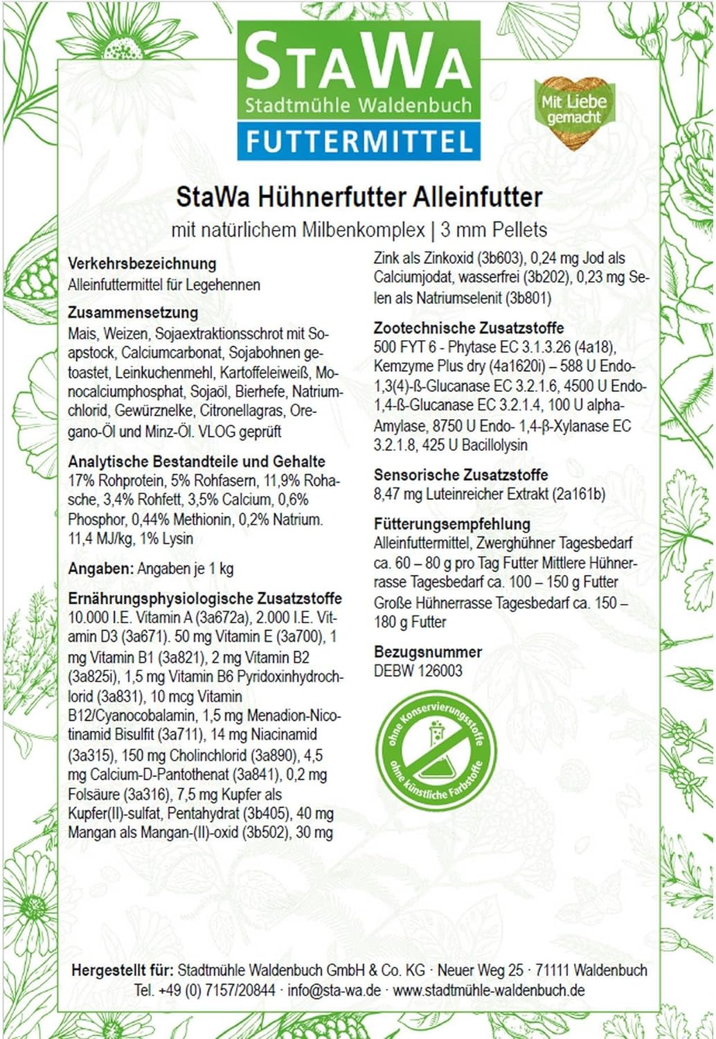 STAWA Hühnerfutter Alleinfutter mit natürlichem Milbenkomplex, 3 mm Pellets, ohne Gentechnik, ohne k