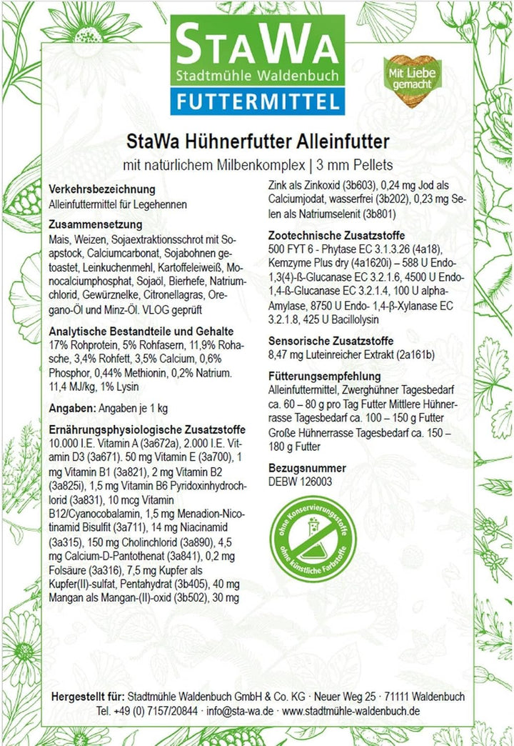 STAWA Hühnerfutter Alleinfutter mit natürlichem Milbenkomplex, 3 mm Pellets, ohne Gentechnik, ohne k