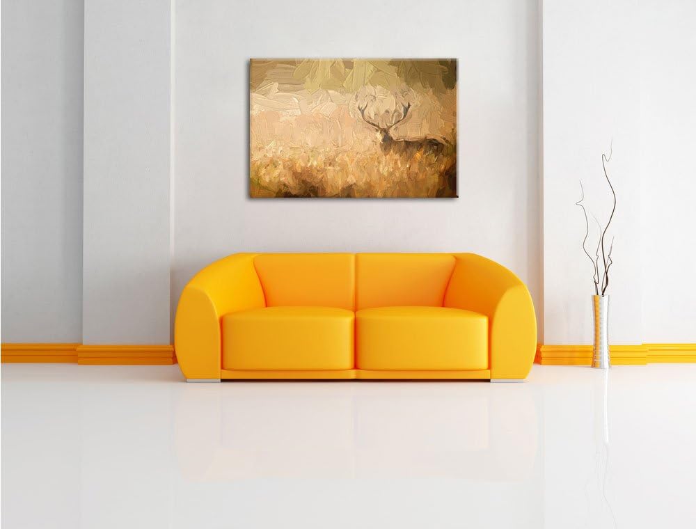 Pixxprint Rotwild Hirsch im Nebel Kunst Pinsel Effekt, Format: 100x70 auf Leinwand, 100x70