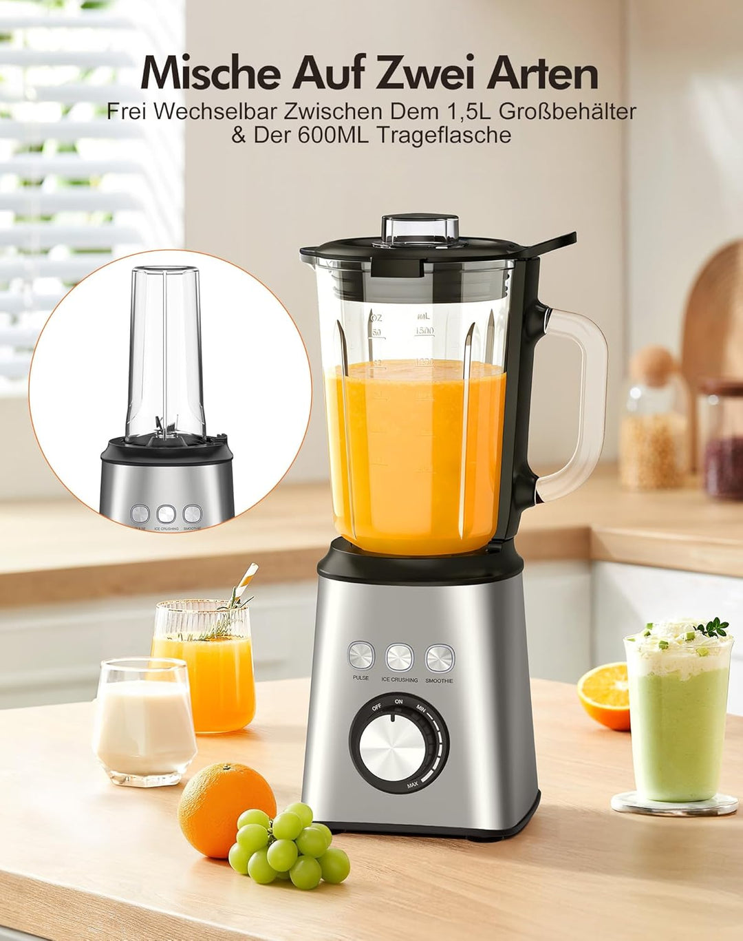 Mixer, Smoothie Maker & Standmixer, Hochgeschwindigkeits Mixer Smoothie Maker 1,5L Glasbehälter&600m