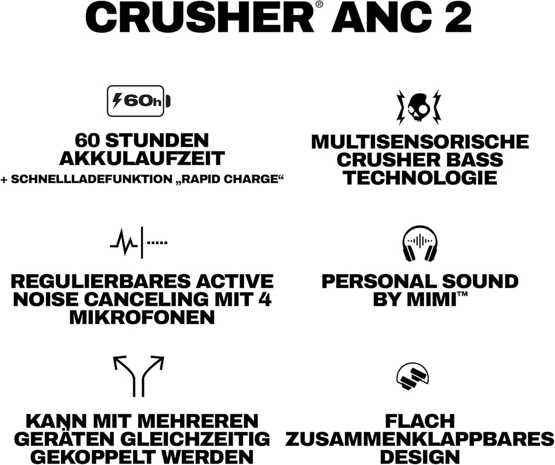 Skullcandy Crusher ANC 2 Wireless Bluetooth Over-Ear-Kopfhörer, Multisensorischem Bass, Active Noise