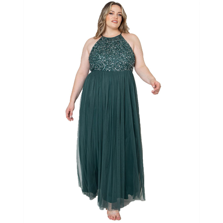 Maya Deluxe Damen Maxikleid Brautjungfer Neckholder Pailletten Verziert Abschlussball Hochzeit Dleid