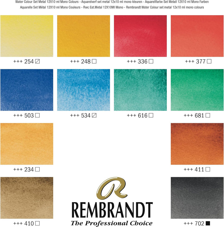 Rembrandt Watercolour Metal Mono-Pigment Set of 12 x 10ml tubes