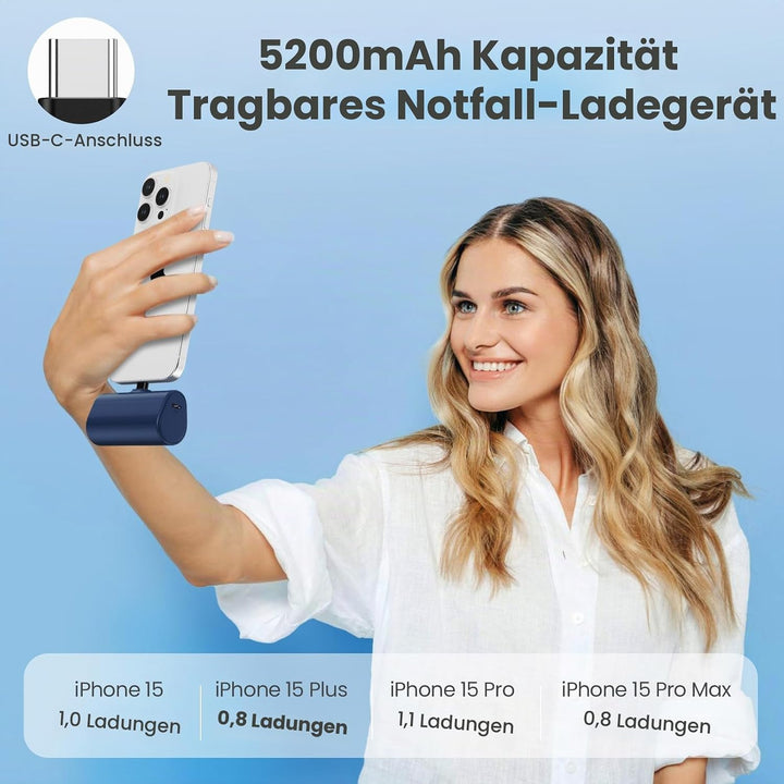 Mini Powerbank 5200mAh, Klein Power Bank USB C PD Externer Akku, Compact LCD Digitalanzeige Akkupack