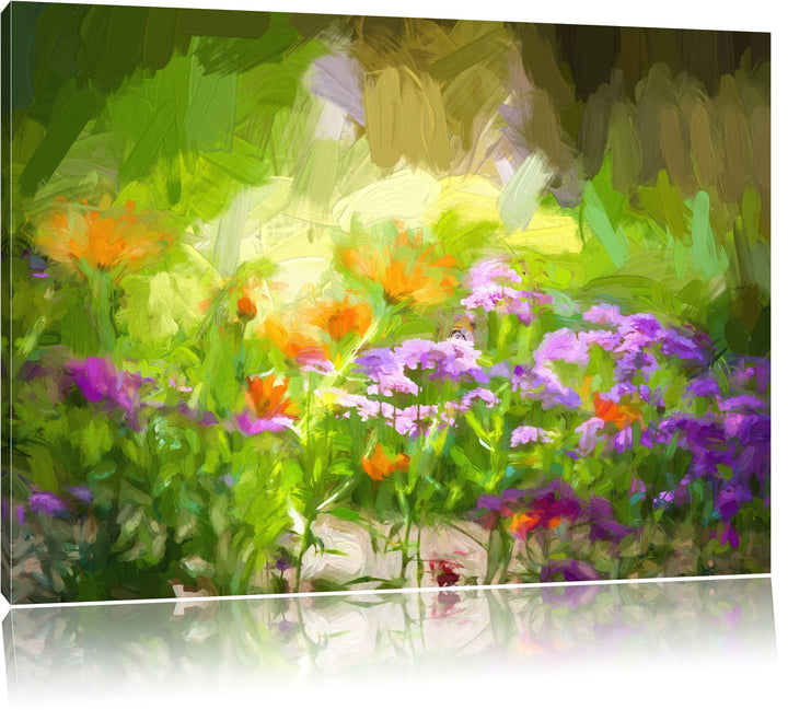 Blumenwiese Pinsel Effekt, Format: 100x70 auf Leinwand, XXL riesige Bilder fertig gerahmt mit Keilra