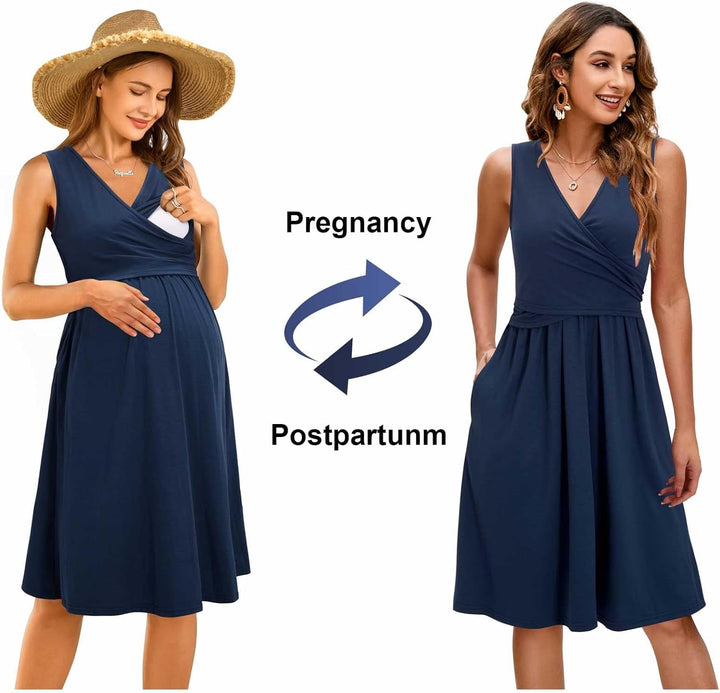 OUGES Damen Sommer Umstandskleid Stillkleid Lässiges Schwangere Kleider Baumwolle mit Taschen XXL Ma