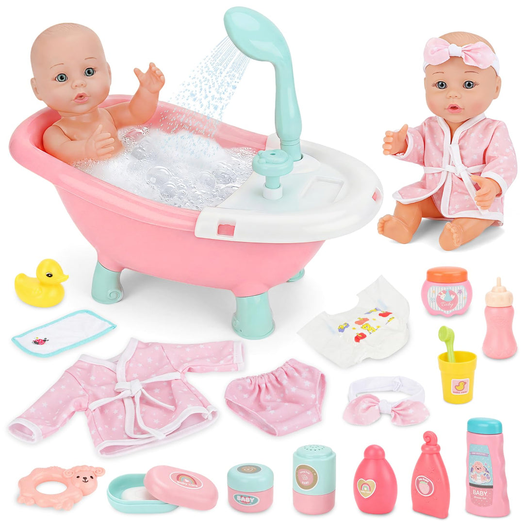 deAO Baby Puppe mit Badewanne und Zubehör, 30cm Badepuppe für Mädchen | Puppenzubehör Spielset mit F