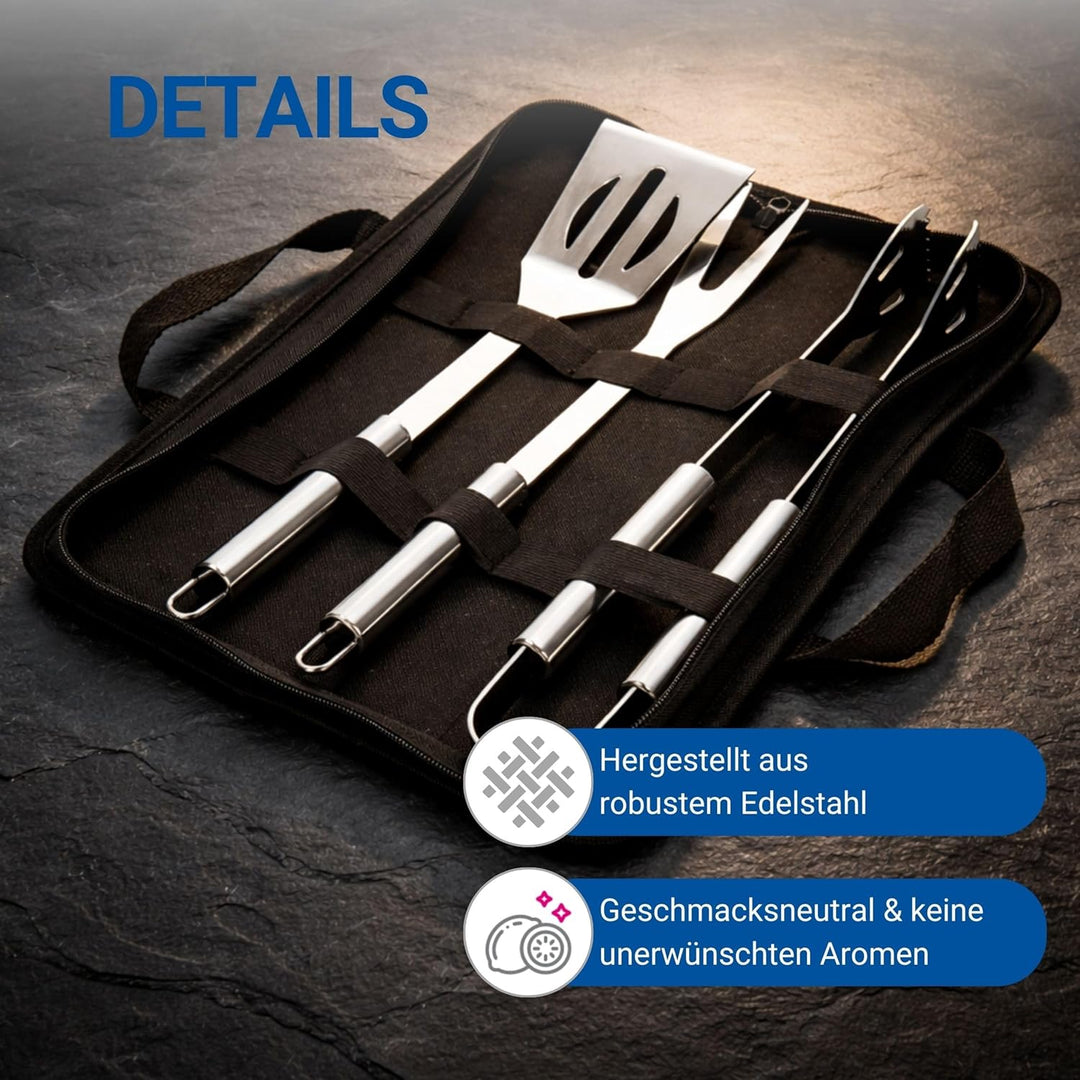3er Grillset mit Tragetasche - Edelstahl Grillbesteck mit Grillzange, Grillgabel und Wender - Gesche