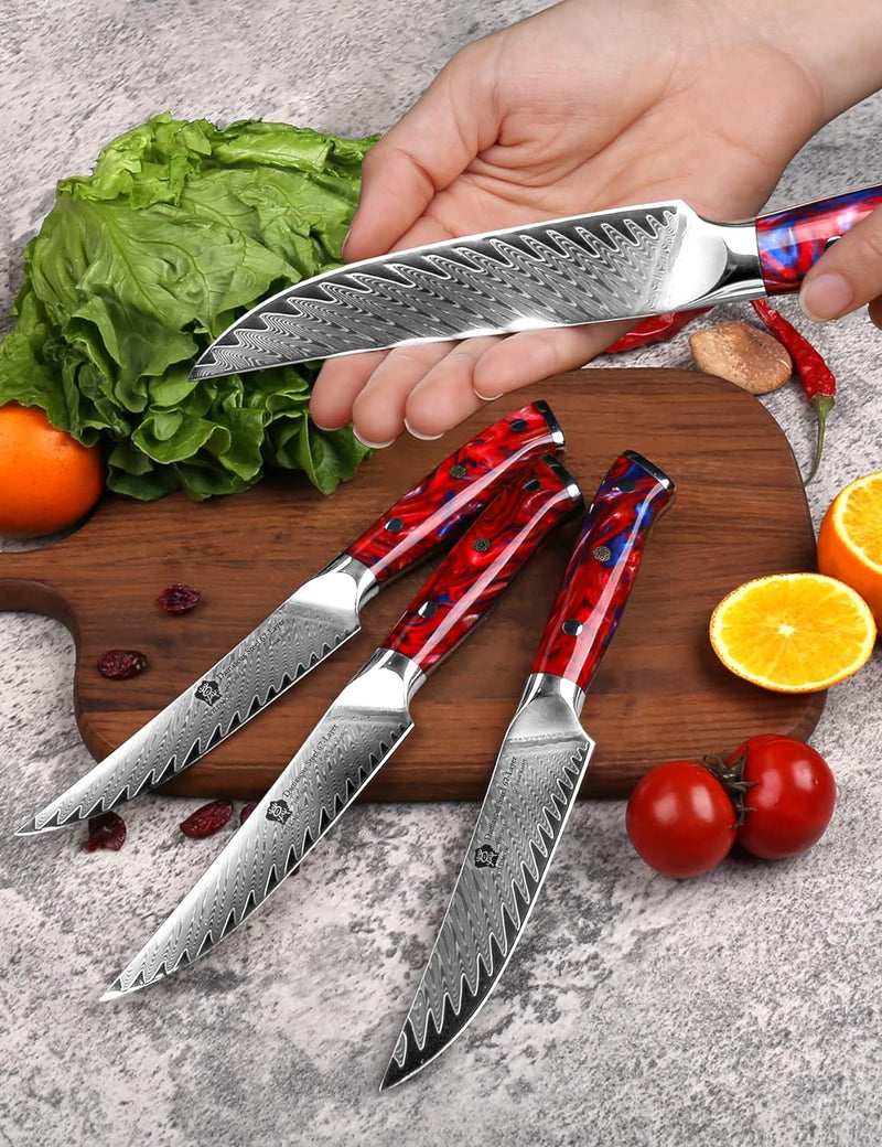 WILDMOK Steakmesser-Set mit 4 Damaststahl-Steakmessern 12,7cm, ultrascharf, gezahntes Steakmesser-Se