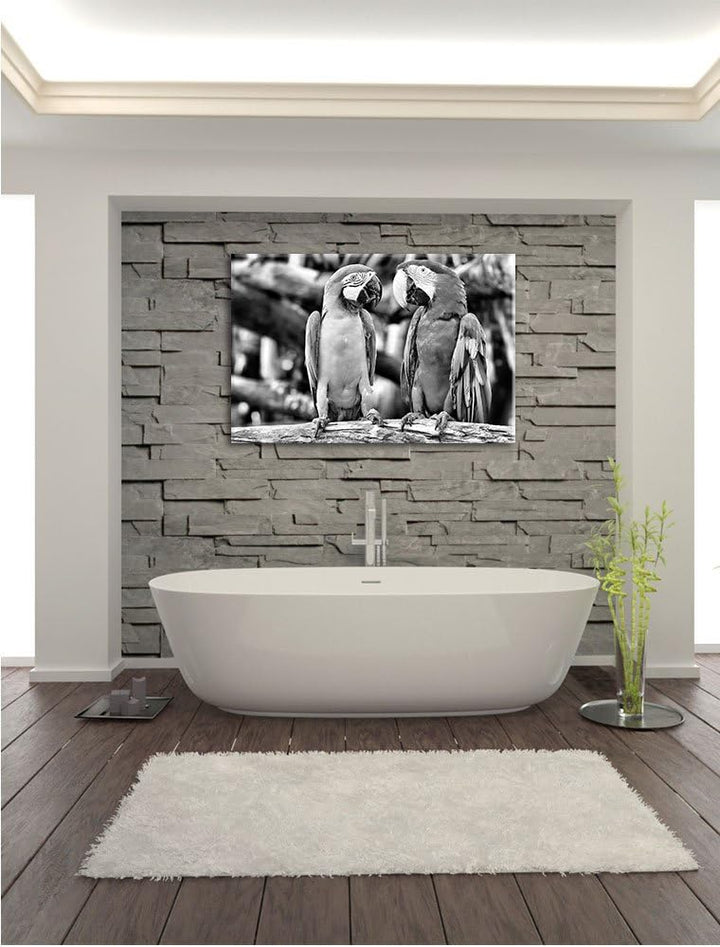 Zwei Papageien auf einem AST / 100x70cm Leinwandbild bespannt auf Holzrahmen/Wandbild Kunstdruck Dek