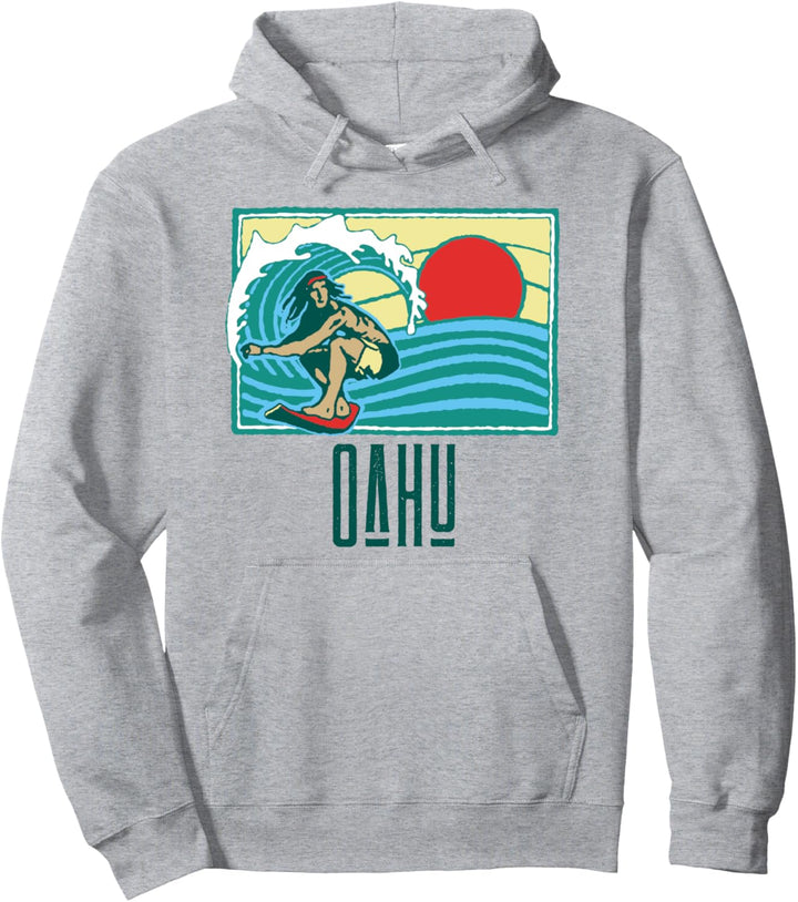 Oahu Hawaii Vintage Surfer & Wave Retro Graphic Pullover Hoodie