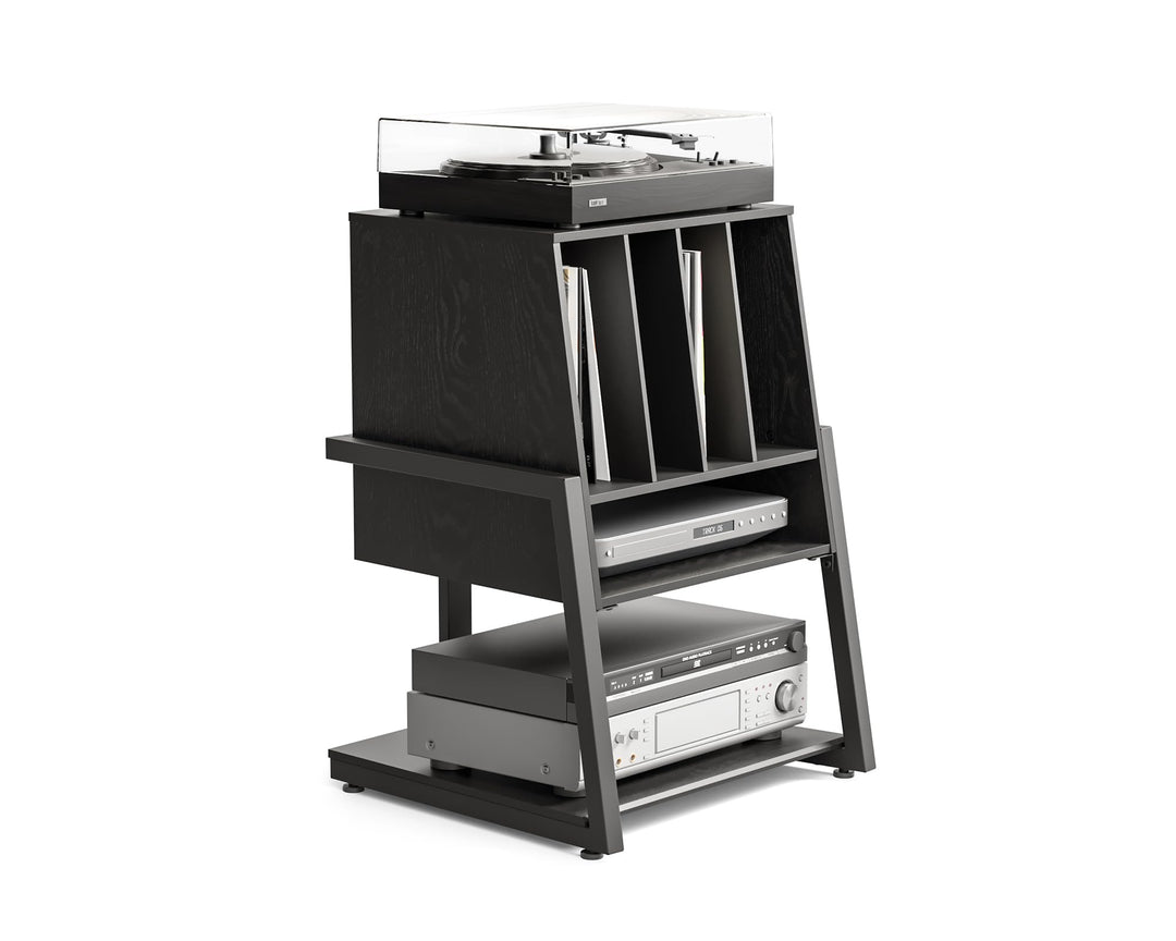 FITUEYES Plattenspieler Tisch aus Holz Metall HiFi Rack für Plattenspieler 120 Platten Kompaktanlage