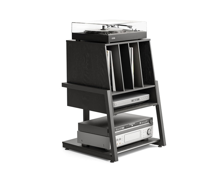 FITUEYES Plattenspieler Tisch aus Holz Metall HiFi Rack für Plattenspieler 120 Platten Kompaktanlage