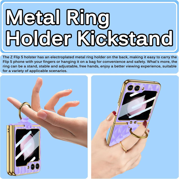 Miimall Lederhülle Kompatibel mit Samsung Galaxy Z Flip 5 Hülle mit Kameraschutz+Ring Ständer Galvan