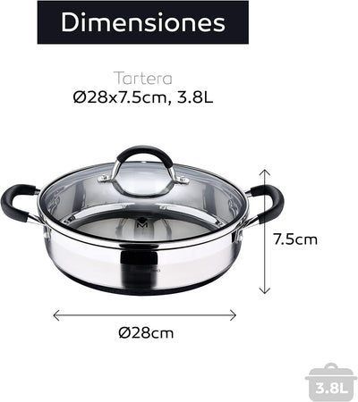 MasterPro Foodies | Niedriger Kochtopf mit Glasdeckel | 3,8 L Fassungsvermögen | Hergestellt aus Ede