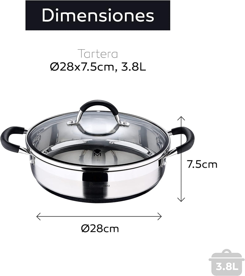 MasterPro Foodies | Niedriger Kochtopf mit Glasdeckel | 3,8 L Fassungsvermögen | Hergestellt aus Ede