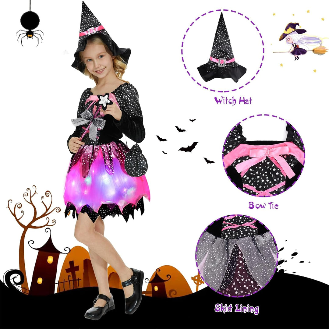FORMIZON Mädchen Hexen Kostüm, LED Hexenkleid Kinder, Hexenkostüm mit Lichter, Kinder Zauberer verkl