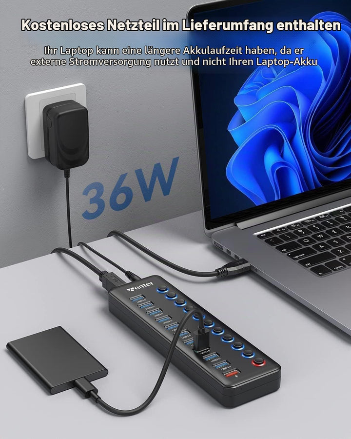 Powered USB Hub, Wenter 11-Port USB Splitter Hub (10 Faster Data Transfer Ports+ 1 Smart Charging Po