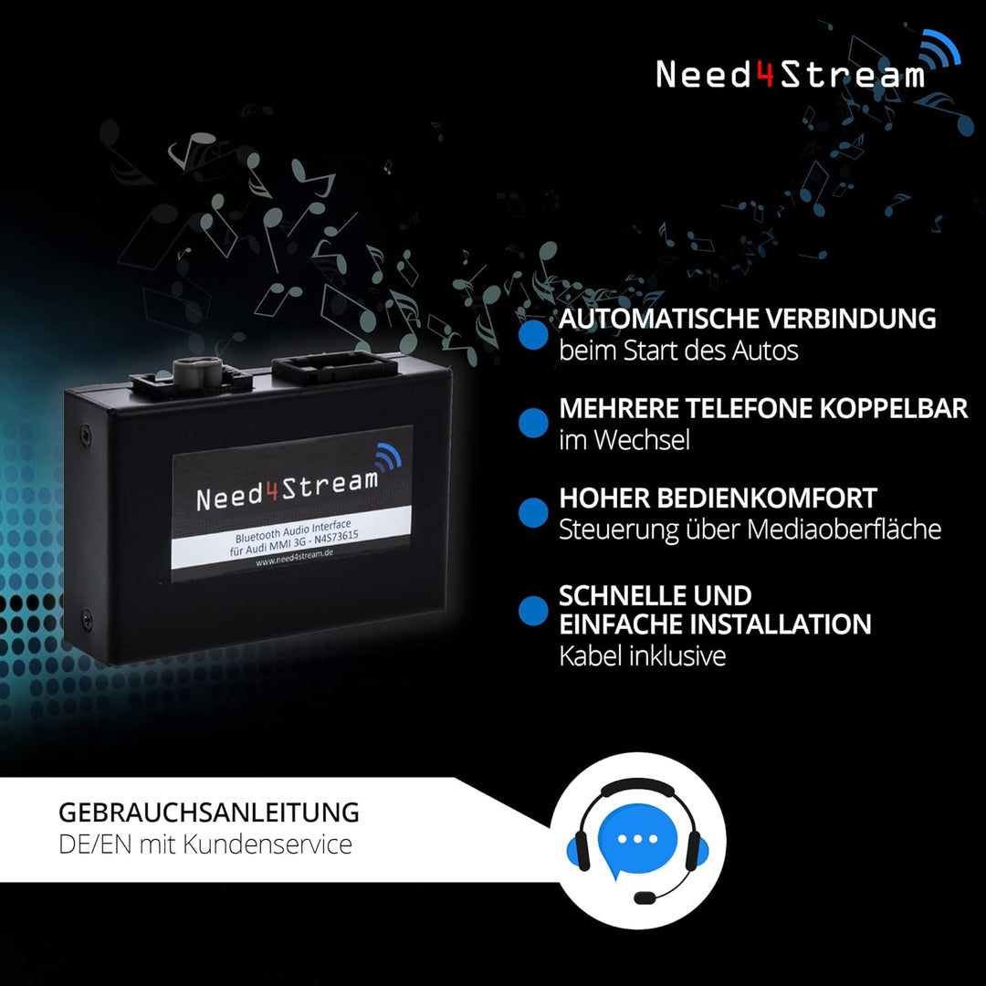 Need4Stream Bluetooth Audio Interface mit Titelanzeige, N4S73615 A2DP, kompatibel mit Audi MMI 3G, A