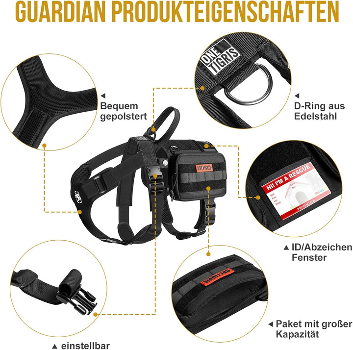 OneTigris Service Hundegeschirr, Guardian Geschirr mit 3 Edelstahl D-Ringen und Grosser Kapazität Ta