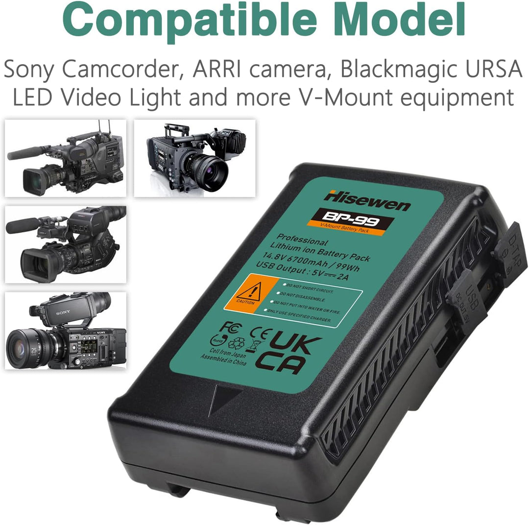 BP-99 V Mount Akku, Hisewen 6700mAh 99Wh V-Lock Battery und D-Tap Ladegerät Kompatibel mit Sony Camc