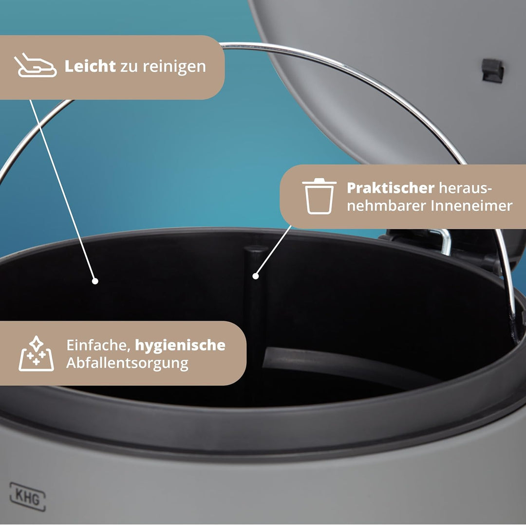 KHG Mülleimer 20 L Grau mit Softclose-Deckel & Tretfunktion - Pulverbeschichteter Metall-Abfalleimer