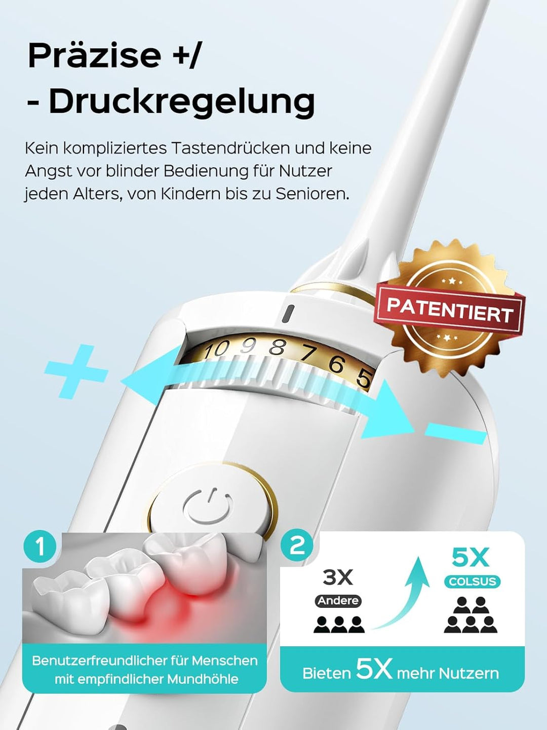 COSLUS Munddusche Kabellos 2025 Upgraded Elektrische Zahnreiniger: 10 Intensitäten & 300ML Wassertan