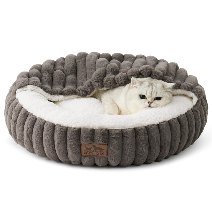 COZY KISS Katzenbett mit Decke 58x58x15cm - Flauschige Katzenhöhle - Kissen, Runde kleine Hundebett