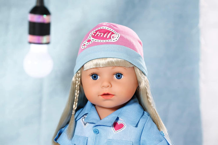 BABY born Deluxe Jeans Kleid, Puppenkleid mit gestreifter Leggings, rosa Mütze und Schunen für 43 cm